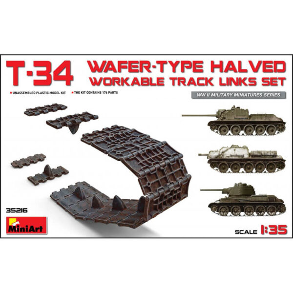 T-34 Wafer-Type Halved Track Link Set WWII Military Miniatures Series Kit en plástico para montar cadenas articuladas por eslabón a eslabón para la familia de carros T-34 soviéticos.