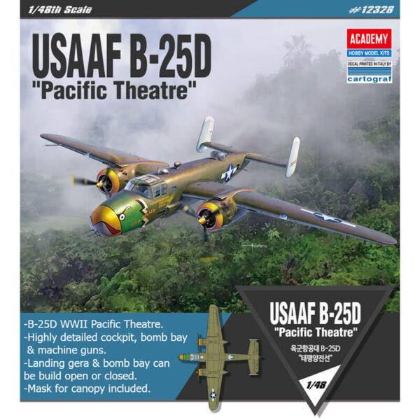 academy 12328 USAAF B-25D Pacific Theatre 1/48 Kit en plástico para montar y pintar, incluye mascarillas para el cockpit.