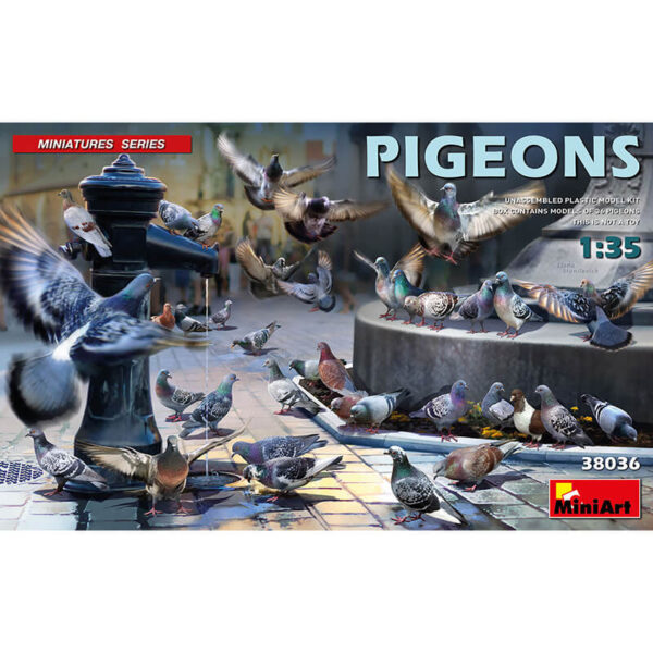 miniart models 38036 Pigeons - Palomas Miniatures Series Kit en plástico para montar y pintar un total de 36 palomas en diferentes posturas.