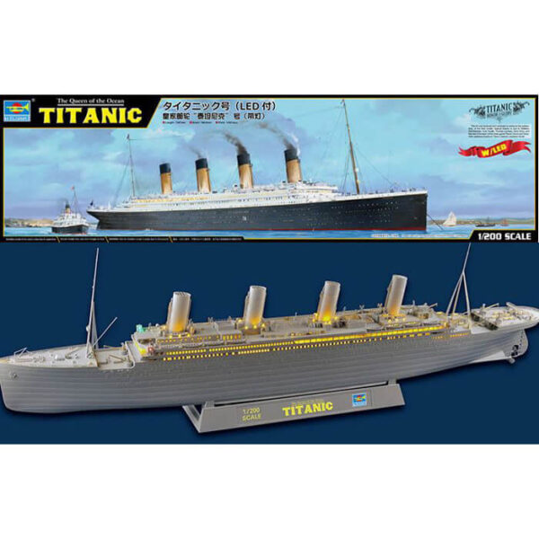trumpeter 03719 RMS Titanic 1/200 Kit en plástico para montar y pintar. Incluye 7 planchas con piezas en fotograbado para las barandillas y detalles finos. Incluye un juego de iluminación por LED.
