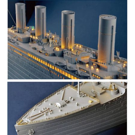 trumpeter 03719 RMS Titanic 1/200 Kit en plástico para montar y pintar. Incluye 7 planchas con piezas en fotograbado para las barandillas y detalles finos. Incluye un juego de iluminación por LED.