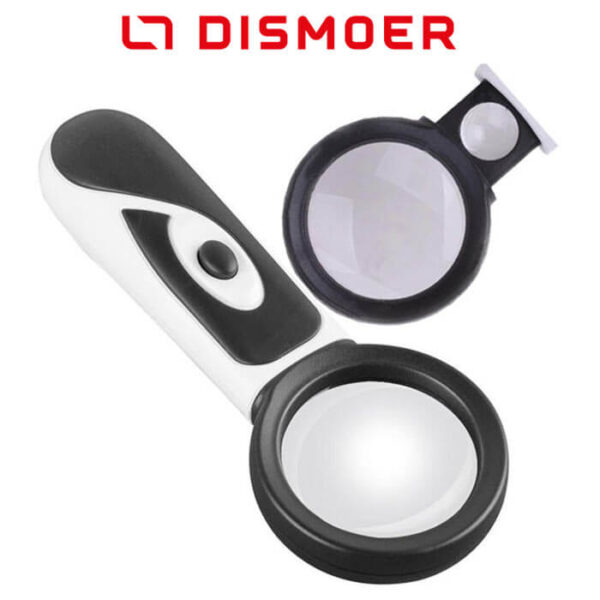 dismoer 19204 Lupa de Mano de Doble Aumento con led Lupa de Mano extensible de doble aumento e iluminación con 2 LED.