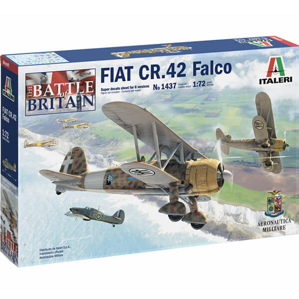 italeri 1437 FIAT CR.42 Falco 1/72 Kit en plástico para montar y pintar. Hja de calcas con 6 decoraciones de la Regia Aeronautica Italiana.