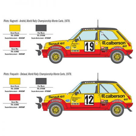 italeri 3652 RENAULT R5 ALPINE RALLY 1/24 Kit en plástico para montar y pintar. Hoja de calcas para 2 coches del Rally de Montecarlo 1978.