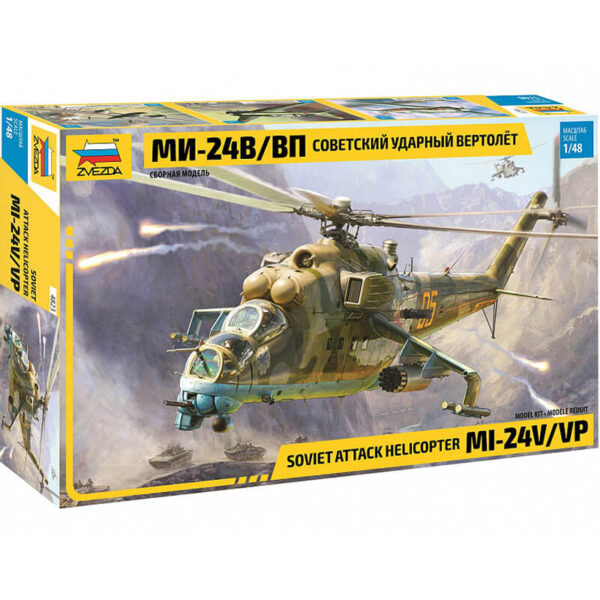 zvezda 4823 Soviet Attack Helicopter MI-24V/VP Hind E 1/48 Kit en plástico para montar y pintar. Hoja de calcas con 4 decoraciones.