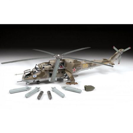 zvezda 4823 Soviet Attack Helicopter MI-24V/VP Hind E 1/48 Kit en plástico para montar y pintar. Hoja de calcas con 4 decoraciones.