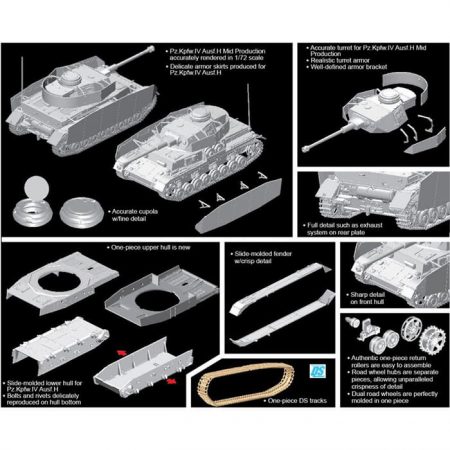 dragon 7279 Pz.Kpfw.IV Ausf.H Mid Production 1/72 Kit en plástico para montar y pintar. hoja de calcas con 5 decoraciones.