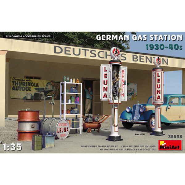 miniart 35598 GERMAN GAS STATION 1930-40s 1/35 Building & Accesories Series kit en plástico para montar y pintar. Incluye piezas en fotograbado y calcas.