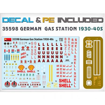 miniart 35598 GERMAN GAS STATION 1930-40s 1/35 Building & Accesories Series kit en plástico para montar y pintar. Incluye piezas en fotograbado y calcas.