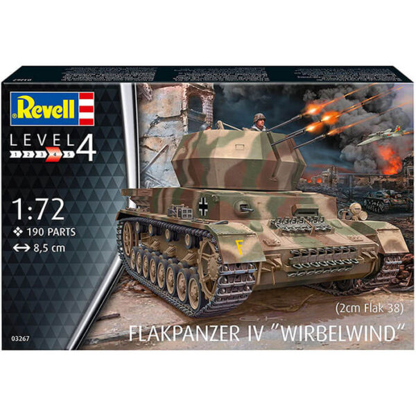 revell 03267 Flakpanzer IV Wirbelwind 2cm Flak 38 1/72 Kit en plástico para montar y pintar. Hoja de calcas con 2 decoraciones.