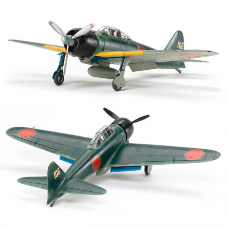 tamiya 61108 Mitsubishi A6M3/3a Zero Fighter Zeke 1/48 Kit en plástico para montar y pintar. Incluye piezas en fotograbado y 4 pilotos de pie y 1 piloto sentado.