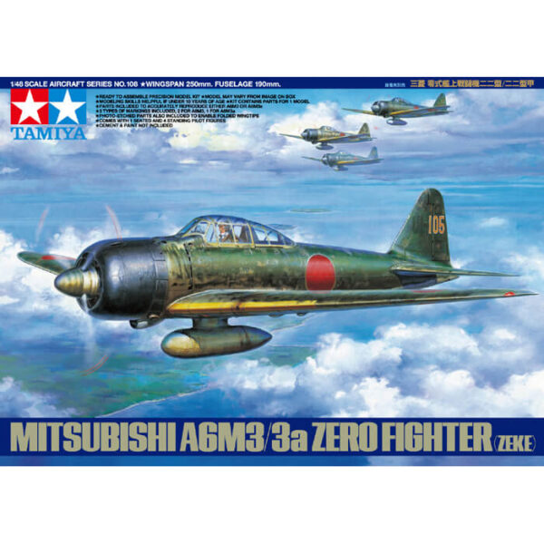 tamiya 61108 Mitsubishi A6M3/3a Zero Fighter Zeke 1/48 Kit en plástico para montar y pintar. Incluye piezas en fotograbado y 4 pilotos de pie y 1 piloto sentado.