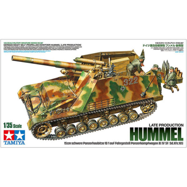 tamiya 35367  Heavy Self-Propelled Howitzer Hummel Late Production 1/35 Kit en plástico para montar y pintar. Incluye cadenas por tramo y eslabón y 3 figuras cargando munición.