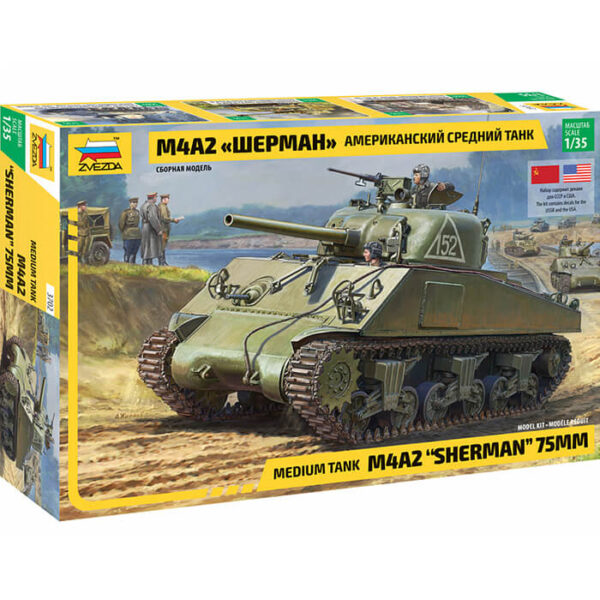 zvezda 3702 M4A2 Sherman 75mm 1/35 Kit en plástico para montar y pintar. Hoja de calcas con 4 decoraciones: 2 USA y 2 USSR