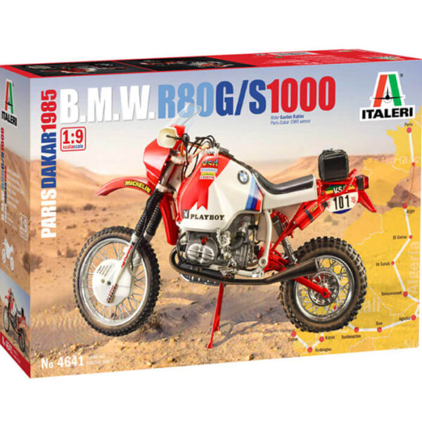 italeri 4641 B.M.W. R80 G/S 1000 Paris Dakar 1985 1/9 Kit en plástico para montar y pintar. Decoración: Gaston Rahier ganador del Rally Paris Dakar de 1985. Longitud 258 mm