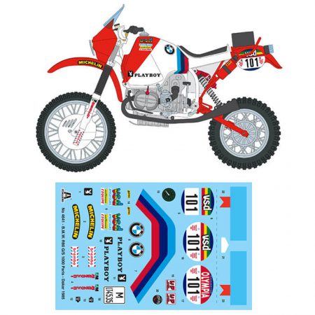 italeri 4641 B.M.W. R80 G/S 1000 Paris Dakar 1985 1/9 Kit en plástico para montar y pintar. Decoración: Gaston Rahier ganador del Rally Paris Dakar de 1985. Longitud 258 mm