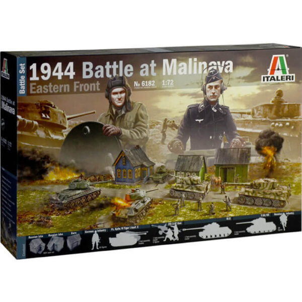 italeri 6182 1944 Battle at Malinava Battle Set 1/72 Kit en plástico para montar y pintar. Contenido: 2 Isba ruasa y una granja. Infantería Alemanes: 50 figuras. 2 Tiger I Ausf.E Infantería Rusa 48 figuras. IS-2 Stalin T35/85 ZIS 3 AT Gun con 6 figuras.