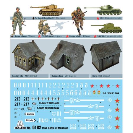 italeri 6182 1944 Battle at Malinava Battle Set 1/72 Kit en plástico para montar y pintar. Contenido: 2 Isba ruasa y una granja. Infantería Alemanes: 50 figuras. 2 Tiger I Ausf.E Infantería Rusa 48 figuras. IS-2 Stalin T35/85 ZIS 3 AT Gun con 6 figuras.