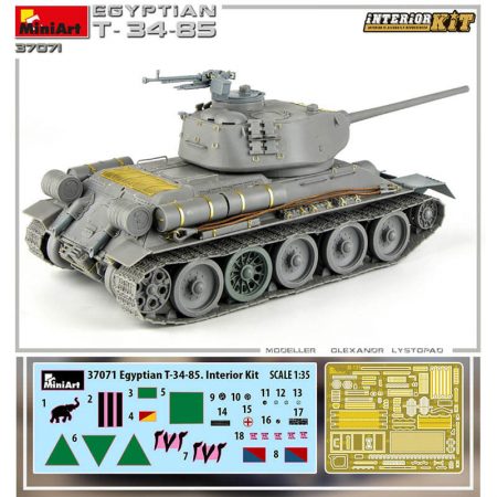 miniart 37071 Egyptian T-34/85 1/35 Interior Kit Kit en plástico para montar y pintar, incluye fotograbados y cadenas por eslabones individuales. Interior completamente detallado. Hoja de calcas con 5 decoraciones.