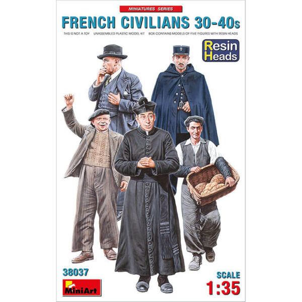 miniart 38037 French Civilians ’30-’40s 1/35 Miniatures Series Kit en plástico para montar y pintar 5 figuras de civiles franceses.