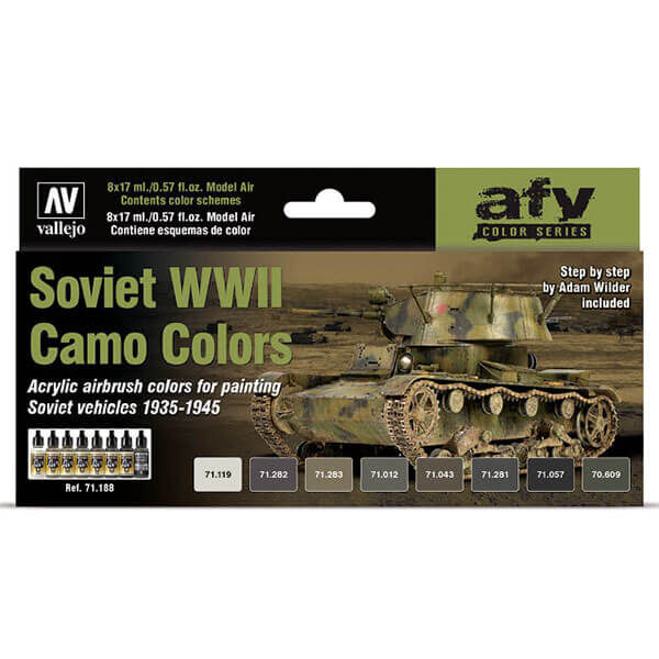 acrylicos vallejo av71188 Soviet WWII Camo Colors Set El set contiene 8 colores Model Air en 17 ml., para pintar los camuflajes de los tanques y vehículos sovieticos  desde 1935 hasta 1945.