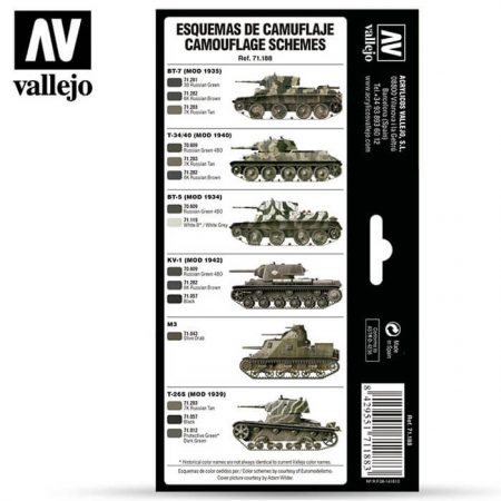 acrylicos vallejo av71188 Soviet WWII Camo Colors Set El set contiene 8 colores Model Air en 17 ml., para pintar los camuflajes de los tanques y vehículos sovieticos  desde 1935 hasta 1945.