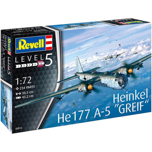 revell 03913 Heinkel He177 A-5 Greif 1/72 Kit en plástico para montar y pintar. Incluye 2 Bombas SC 500 y 3 Fritz X bombas planeadoras teledirigidas.