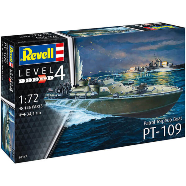 revell 05147 Patrol Torpedo Boat PT-109 1/72 Kit en plástico para montar y pintar. Incluye peana. Hoja de calcas con 2 decoraciones.