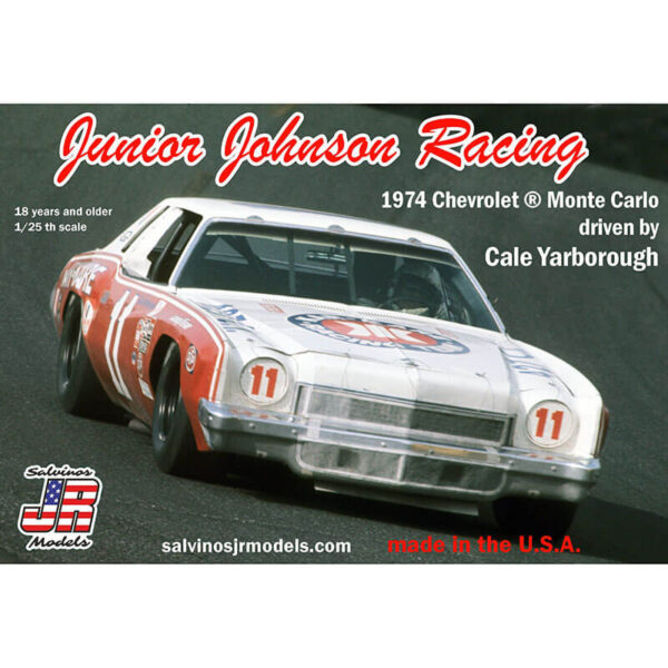 salvinos jr models JJMC1974B Junior Johnson Racing 1974 Chevrolet Monte Carlo 1/25 NASCAR 1974 Kit en plástico para montar y pintar. Incluye interior con jaula antivuelco, suspensión  y motor V8 detallados.