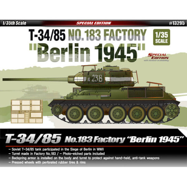 Academy 13295 T-34/85 No.183 Factory Berlin 1945 Kit en plástico para montar y pintar. Incluye piezas en fotograbado y cadenas por tramo y eslabón