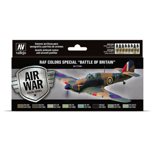 acrylicos vallejo AV71144 RAF colors special Battle of Britain Set de 8 colores Model Air de 17 ml para aerografía. Especialmente desarrollados para pintar los aviones de la RAF durante la Batalla de Inglaterra. Julio 1940 a mayo 1941. Incluye esquemas de color para los aviones.