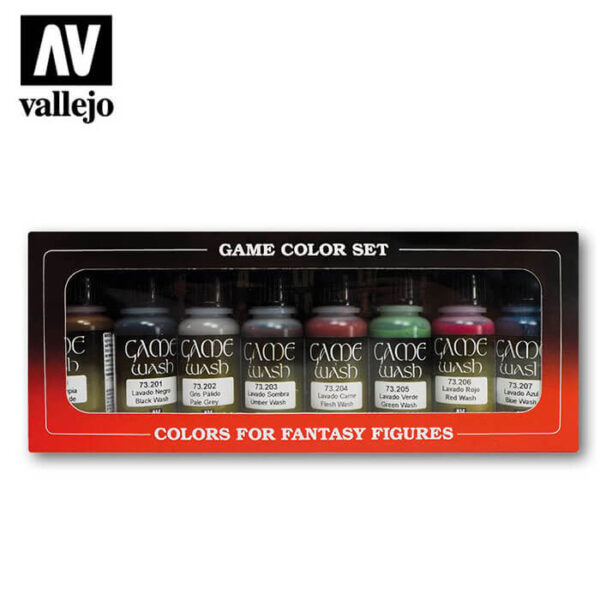 acrylicos vallejo AV73998 Game Color Effects Washes Lavados Set de 8 colores de lavados Game Color de 17 ml. Los lavados, formulados con una nueva resina, se utilizan para crear sombras y realizar aplicaciones de los colores por capas. Se pueden mezclar con colores y mediums de la gama Game Color.