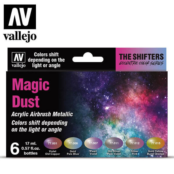 acrylicos vallejo AV77.090 The Shifter Magic Dust Eccentric Color Series Set de 6 colores acrílicos metalizados para aerografía de 17 ml. El set Magic Dust contiene colores de alto contraste cromático.