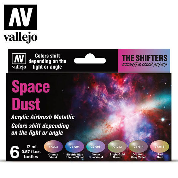 acrylicos vallejo AV77091 The Shifter Space Dust Eccentric Color Series Set de 6 colores acrílicos metalizados para aerografía de 17 ml. El set Space Dust contiene colores cálidos con sutiles cambios cromáticos.