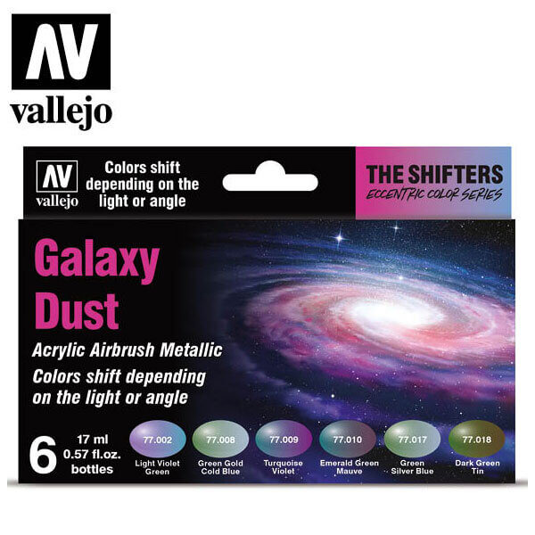acrylicos vallejo AV77092 The Shifter Galaxy Dust Eccentric Color Series Set de 6 colores acrílicos metalizados para aerografía de 17 ml. El set Galaxy Dust contiene colores fríos con sutiles cambios cromáticos.