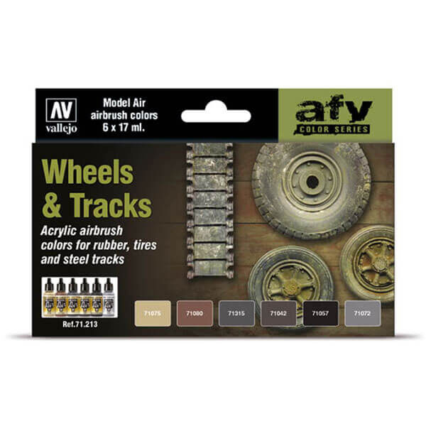 acrylicos vallejo AV71213 AFV Series Wheels & Tracks Set de 6 colores Model Air de 17 ml para aerografía. Especialmente desarrollados para pintar los neumáticos y las cadenas de metal de los vehículos militares.