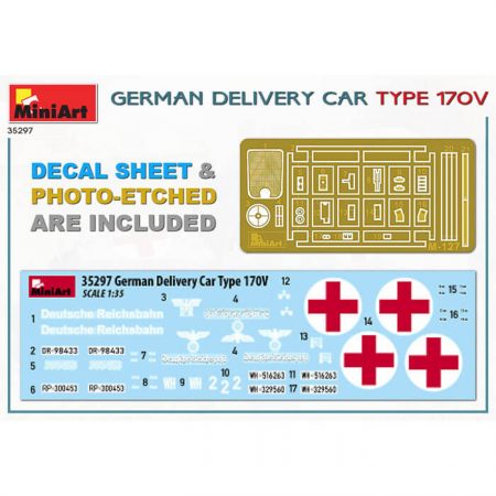 miniart 35297 German Delivery Car Type 170V 1/35 Kit en plástico para montar y pintar. Todas las puertas se pueden colocar abiertas y cerradas. Incluye piezas en fotograbado y cajas impresas en papel.