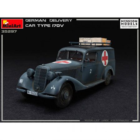 miniart 35297 German Delivery Car Type 170V 1/35 Kit en plástico para montar y pintar. Todas las puertas se pueden colocar abiertas y cerradas. Incluye piezas en fotograbado y cajas impresas en papel.