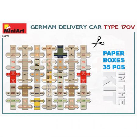 miniart 35297 German Delivery Car Type 170V 1/35 Kit en plástico para montar y pintar. Todas las puertas se pueden colocar abiertas y cerradas. Incluye piezas en fotograbado y cajas impresas en papel.