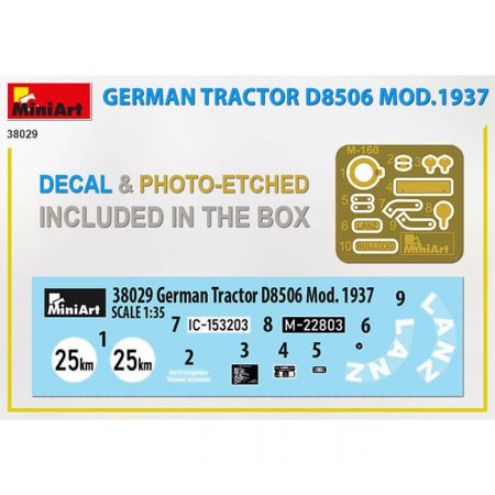 miniart 38029 German Tractor D8506 Mod. 1937 1/35 Kit en plástico para montar y pintar un tractor agrícola alemán de los años 30. Incluye piezas en fotograbado y hoja de calcomanías.