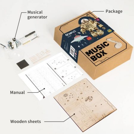 AM601 Orpheus Caja de música Disfruta con el montaje de esta caja de música con forma de robot en un estilo steampunk mecánico. 