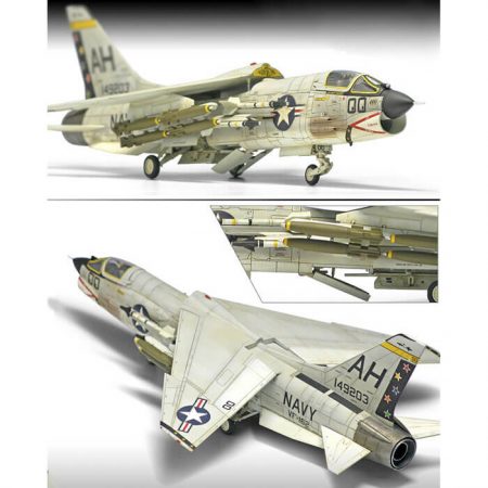 Academy 12521 USN F-8E VF-162 The Hunters 1/72 Kit en plástico para montar y pintar. Incluye armamento . Se puede montar con el aerofreno en posición abierta o cerrada. Hoja de calcas por Cartograf con 2 decoraciones de los escuadrones VF-162 The Hunters y VF-103 Sluggers.