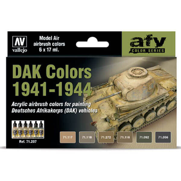 AV71207 DAK Colors 1941-1944 Set de 6 colores Model Air de 17 ml para aerografía. El set incluye todos los tonos necesarios para pintar carros de combate y vehículos encuadrados dentro de las unidades del DAK durante el periodo de 1941 a 1944
