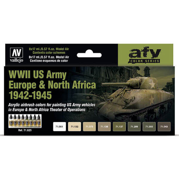 AV71625 WWII US Army Europe & North Africa 1942-1945 En el set se incluyen todos los tonos usados como colores base, así como los utilizados para realizar los distintos esquemas de camuflaje comúnmente utilizados en Europa (ETO), esquemas invernales y los esquemas utilizados por los vehículos operativos en el Norte de África.