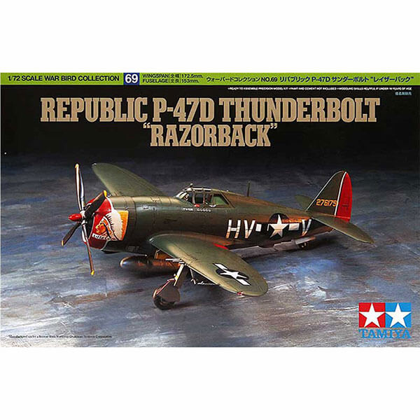 Tamiya 60769 Republic P-47D Thunderbolt Razorback 1/72 Kit en plástico para montar y pintar. Hoja de calcas con 2 decoraciones.