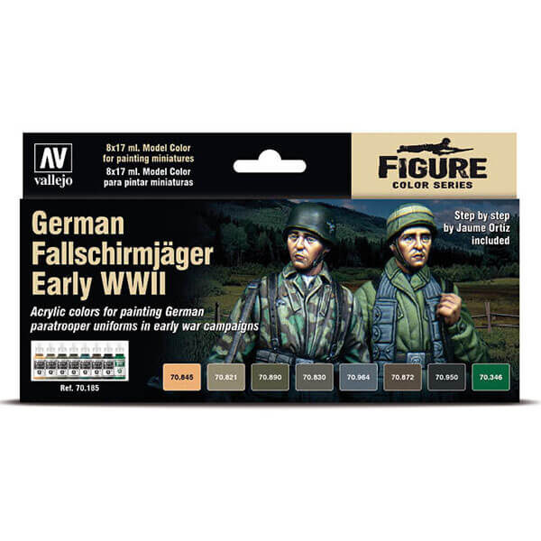 acrylicos vallejo 70185 German Fallschirmjäger Early WWII Set de 8 pinturas acrílicas de la gama Model Color para reproducir los camuflajes de los blusones de los Fallschirmjäger.