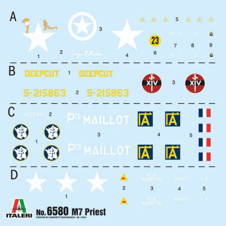 italeri 6580 M7 Priest 1/35 Howitzer Motor Carriage kit en plástico parta montar y pintar. Hoja de calcas con 4 decoraciones