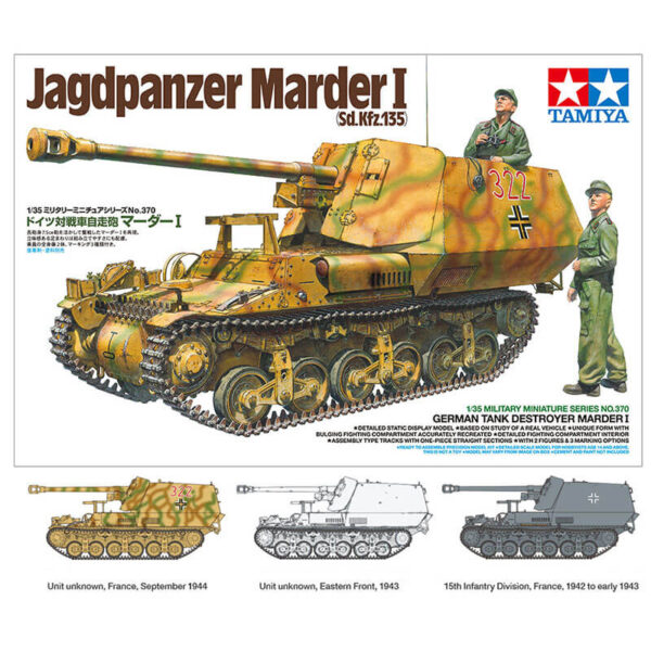 tamiya 35370 Jagdpanzer Marder I Sd.Kfz.135 1/35 Kit en plástico para montar y pintar. Incluye 2 figuras y cadenas por tramo y eslabón.