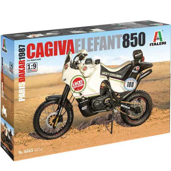 italeri 4643 Cagiva Elefant 850 1/9 Paris-Dakar 1987 Kit en plástico para montar y pintar. Hoja de calcas para las motos nº 99 y nº100 pilotadas por Hubert Auriol y Alessandro de Petri.