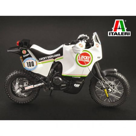 italeri 4643 Cagiva Elefant 850 1/9 Paris-Dakar 1987 Kit en plástico para montar y pintar. Hoja de calcas para las motos nº 99 y nº100 pilotadas por Hubert Auriol y Alessandro de Petri.